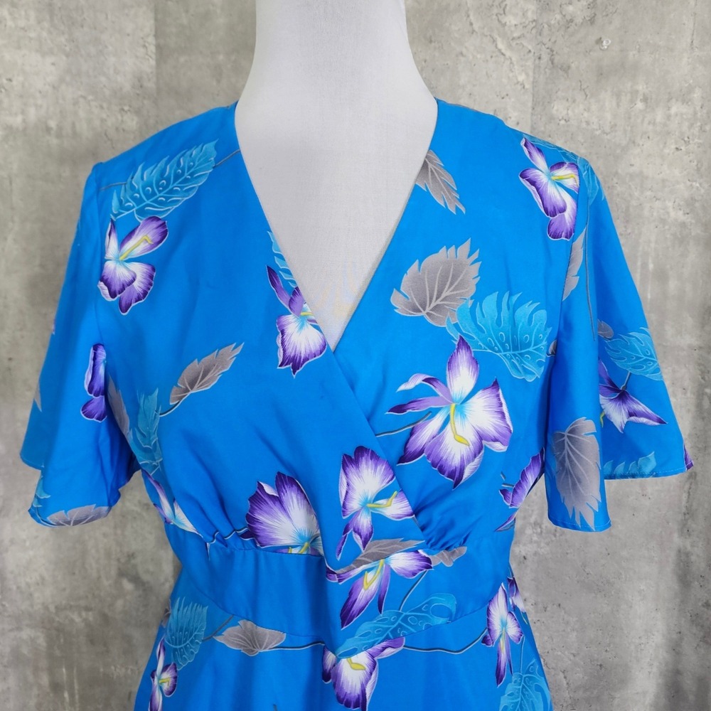 Vintage Darina Honolulu Hawaiian Dress Blue Floral Tropical Midi Made Hawaii - Picture 2 of 10